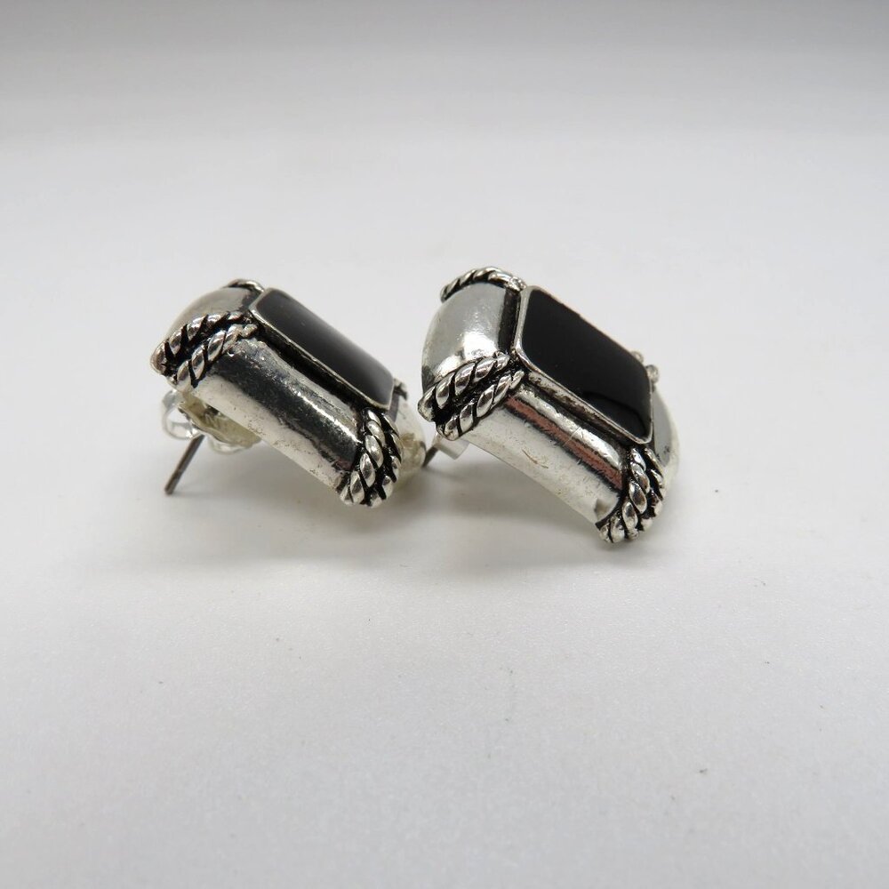 Avon‎ Earrings Vintage Silver Tone Pierced Stud Black Enamel Center Rope Design - Picture 6 of 10